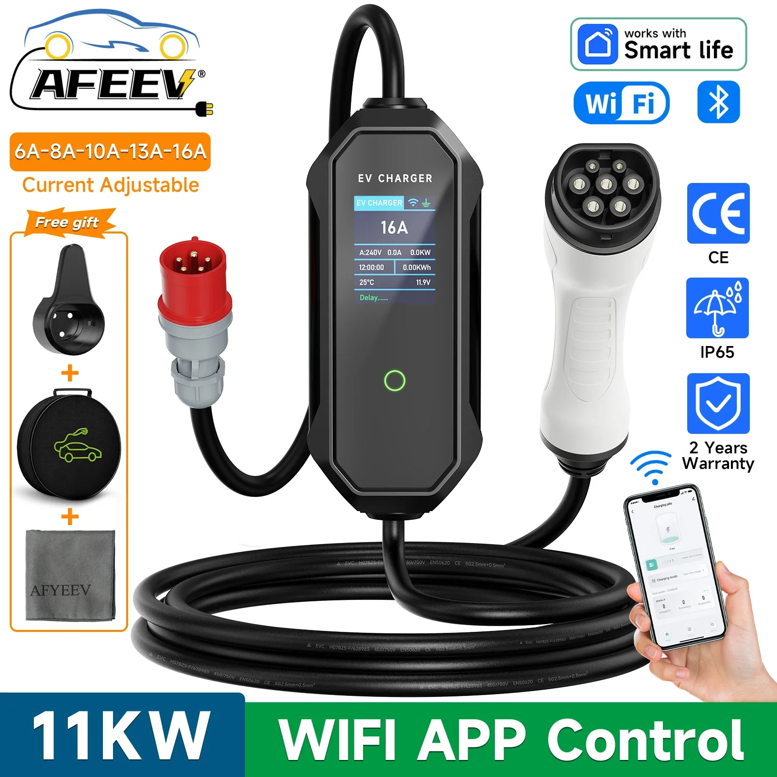 AFEEV نوع 2 شاحن سيارات كهربائ - مراجعة Type 2 Portable Ev Charger 11Kw Cee وسعره